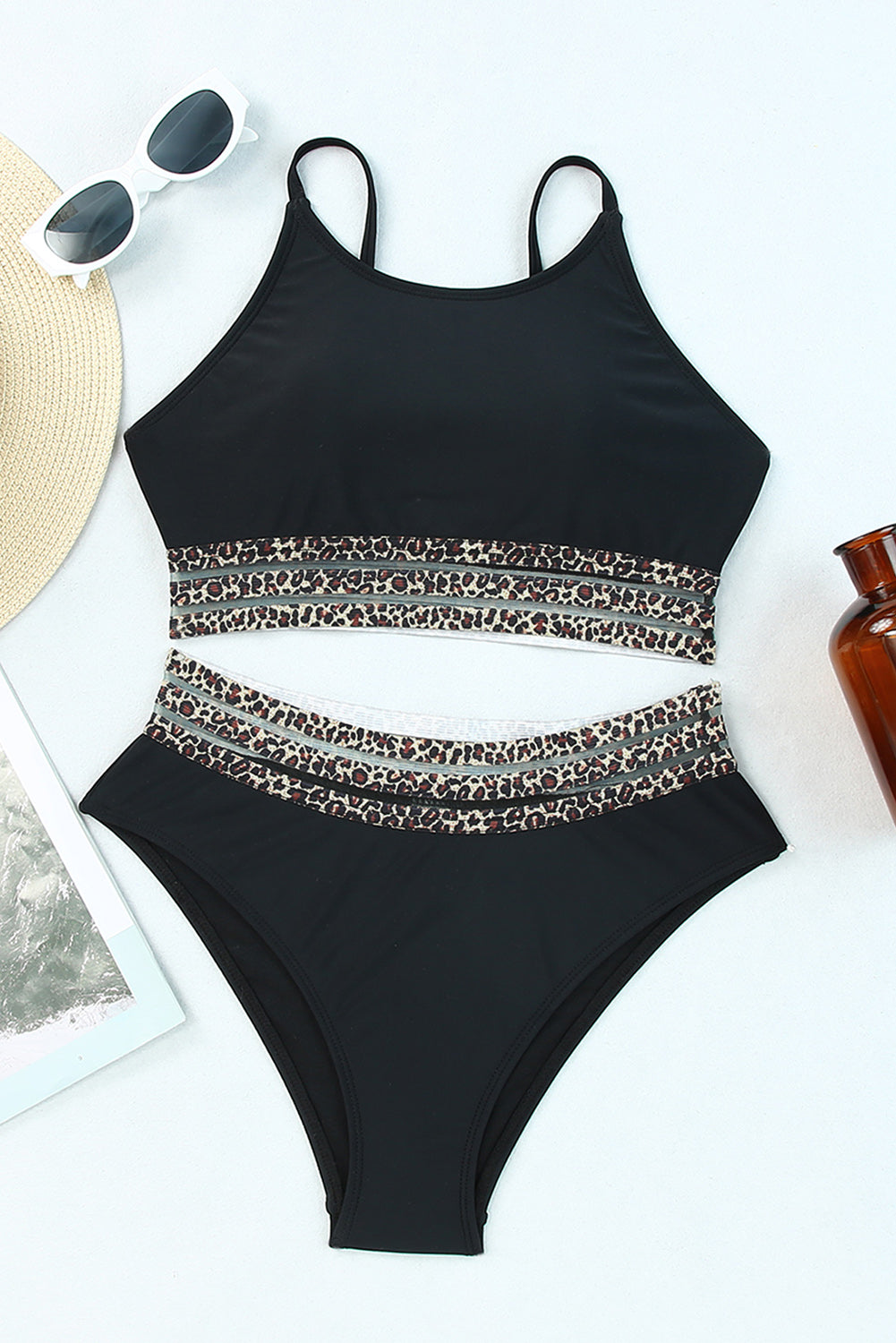 Black Leopard Print Spaghetti Strap Padded Wireless Bikini Set