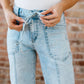 Ivory Detail Drawstring Barrel Jeans