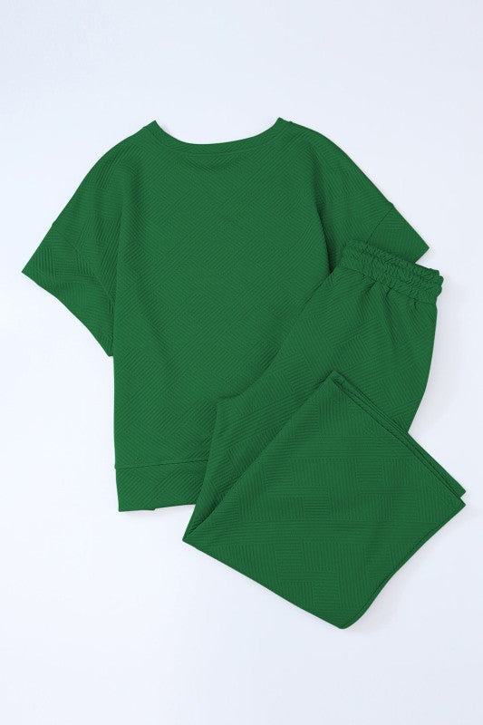 Solid Textured T-Shirt and Drawstring Pants Set
