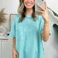 Turquoise Ribbed Knit Pocketed Loose Fit Crew Neck T Shirt