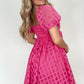 Strawberry Pink Checkered Puff Sleeve Babydoll Dress