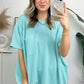 Turquoise Ribbed Knit Pocketed Loose Fit Crew Neck T Shirt